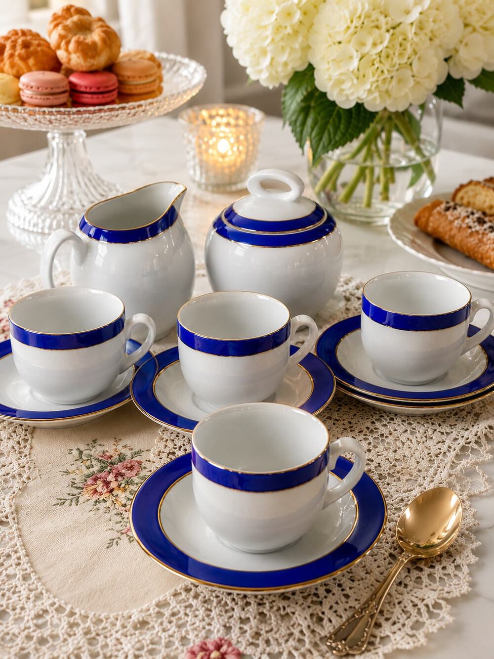 Vintage Walbrzych Poland Demitasse Espresso Set Blue Gold Porcelain 10 Pc RARE